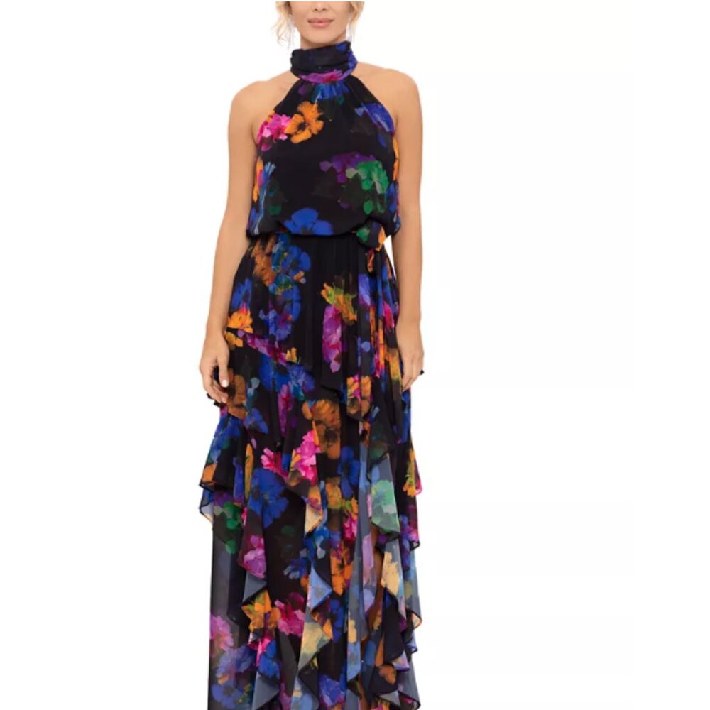 Betsy & Adam:  Floral Ruffled Side-Slit Maxi Dress
